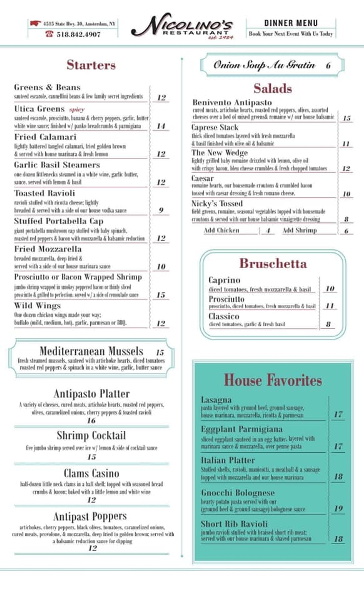 Menu Nicolino's Restaurant